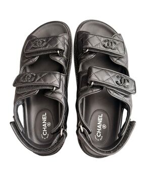 CHANEL Black Quilted Leather Kids Double-Strap Sandals